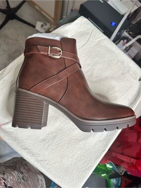 Naturalizer Brown Block Heel Ankle Boot with Buckle Detail